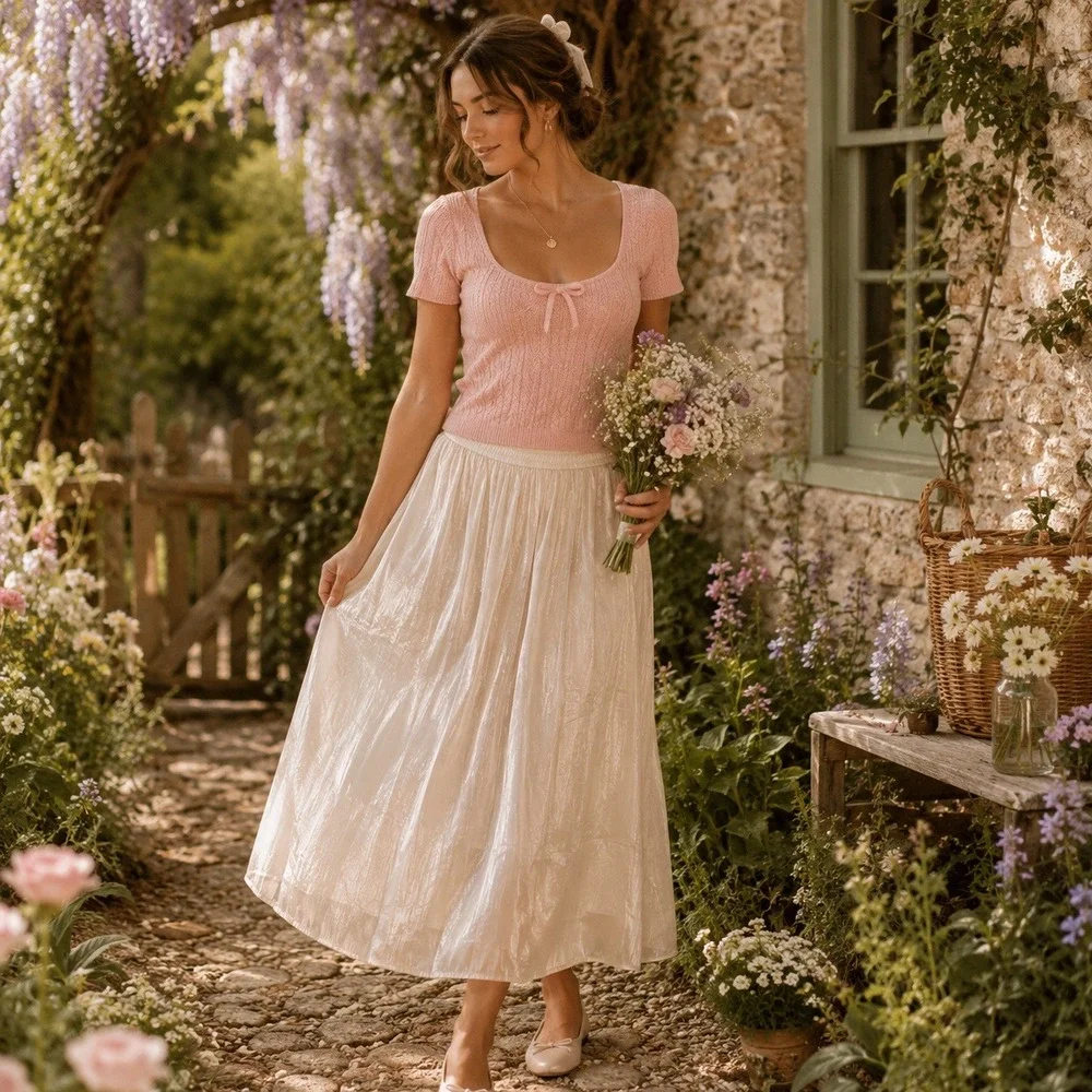 Shimmery Ivory Satin Maxi Skirt Sz M‎ Elastic Waist Flowy Bridal Romantic Fairy